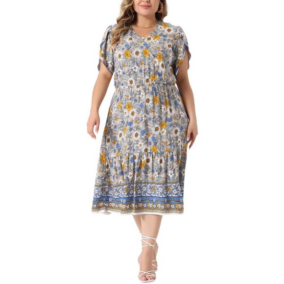 Plus Size Casual V Neck Short Sleeve Floral Print Beach Midi Dress Beige - Picture 1 of 5